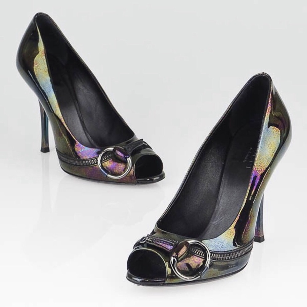 Auth Gucci Icon Bit Metallic Peep Toe Heels 38/8